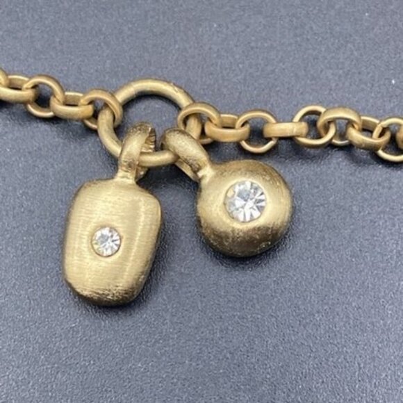 Matte Gold Tone Chain Bracelet Geometric Charms Rhinestone Modern Minimalist 8" - Picture 3 of 6